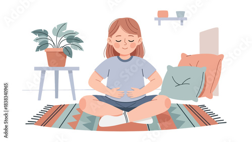 Modern flat vector illustration of a child practicing deep breathing to calm emotions while sitting quietly on a rug