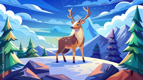 Illustration of a deer in winter scenery