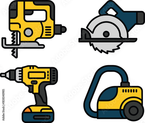 power tools illustration, jigsaw, circular saw, cordless drill, shop vacuum, construction equipment, DIY tools, workshop icons, tool vector set