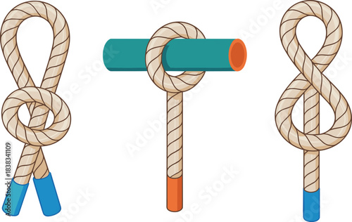 Rope knot illustration, boating knots, climbing knot diagram, nautical rope tying, camping knots guide, survival knot icons
