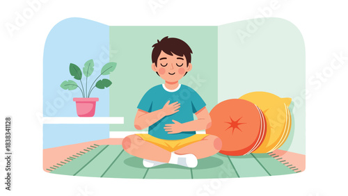 Modern flat vector illustration of a child practicing deep breathing to calm emotions while sitting quietly on a rug