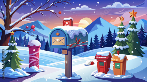 Winter landscape with decorated mailboxes