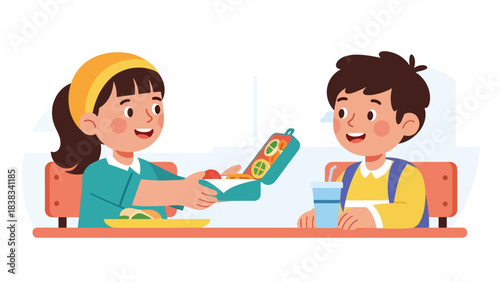 Modern flat vector illustration of a child sharing snacks with a friend at school, demonstrating kindness and good manners