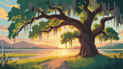 Beautiful Ancient Live Oak Draped in Spanish Moss, Lowcountry South Carolina Coastal View with Open Sky, Soft Light, and Peaceful Natural Landscape