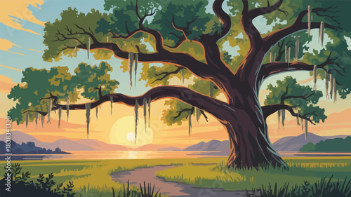 Beautiful Ancient Live Oak Draped in Spanish Moss, Lowcountry South Carolina Coastal View with Open Sky, Soft Light, and Peaceful Natural Landscape