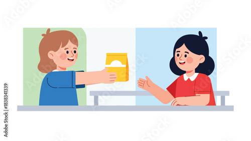 Modern flat vector illustration of a child sharing snacks with a friend at school, demonstrating kindness and good manners