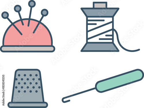 Sewing and crafting icon set featuring pincushion, thread spool, thimble, crochet hook, needlework tools, handmade craft supplies illustration