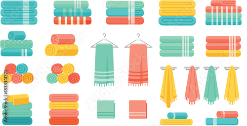A complete vector collection of colorful towels, stacked, rolled, and hanging on racks, featuring stripes and solid colors for bath, beach, gym, and household use