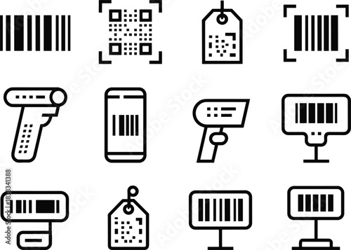 Barcode and QR code icon set with mobile scanning, tags, reader devices, digital payment symbols, line art technology illustrations