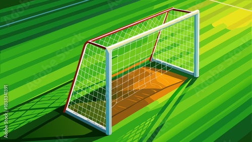 A soccer goal on a green striped field
