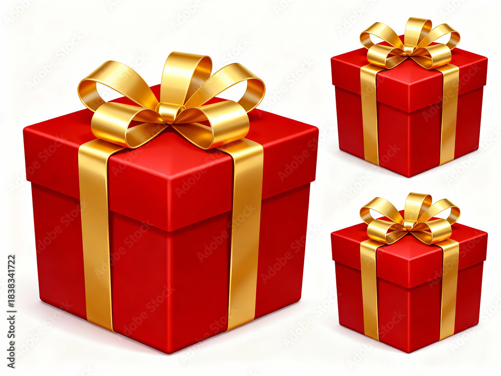 Fototapeta premium Three red gift boxes with gold ribbons and bows
