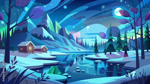 Winter landscape with mountains and lake