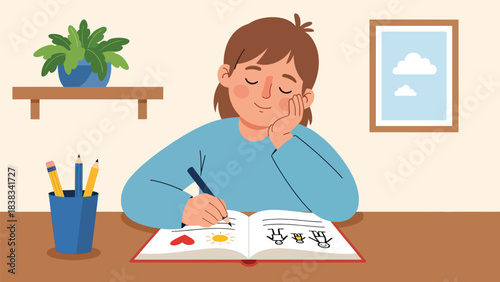 Modern flat vector illustration of a child writing happy thoughts in a gratitude journal as part of emotional growth and positive mindset
