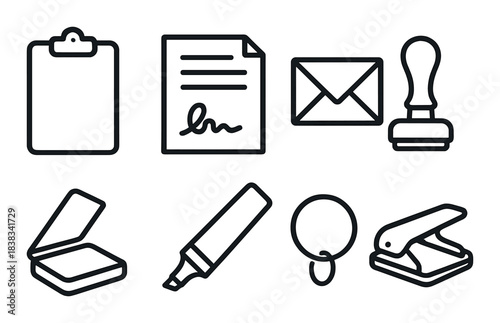 Office supplies icons: clipboard, paper, envelope, stamp, scanner, marker, keychain, hole punch