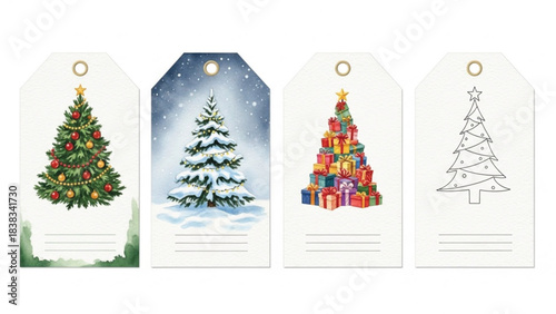 Watercolor Christmas Tree Gift Tags Set with Snowy Tree, Present Tree and Outline Holiday Label Designs