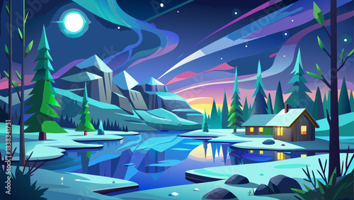 Winter landscape with aurora and lake view