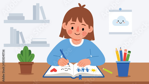 Modern flat vector illustration of a child writing happy thoughts in a gratitude journal as part of emotional growth and positive mindset