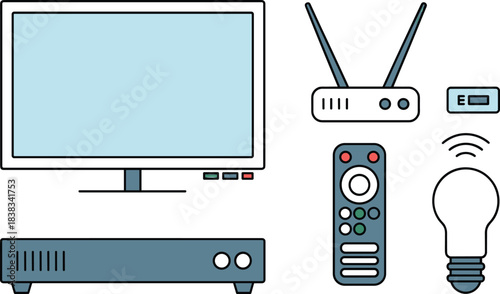 Smart home entertainment icon set with TV, router, remote control, smart light bulb, media box, minimalist flat household electronics illustration