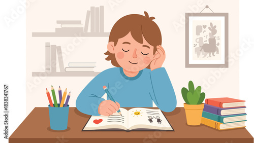 Modern flat vector illustration of a child writing happy thoughts in a gratitude journal as part of emotional growth and positive mindset