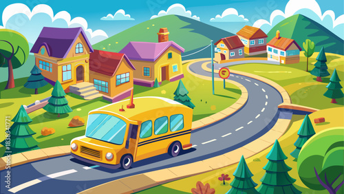 Cartoon school bus on a winding road trip
