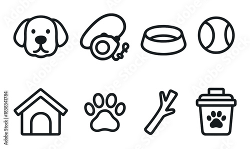 Set of dog care icons: leash, bowl, ball, kennel, paw, stick, bin