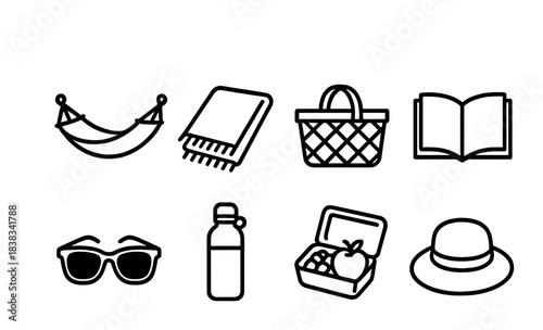 Black picnic icons: hammock, blanket, basket, book, sunglasses, bottle, lunchbox, hat