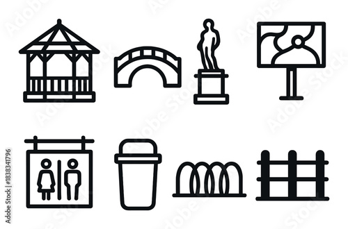 Set of black urban design icons: monument, bridge, gazebo, and park elements