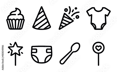 Baby shower icons: cupcake, party hat, confetti, onesie, diaper, wand, spoon, heart lollipop