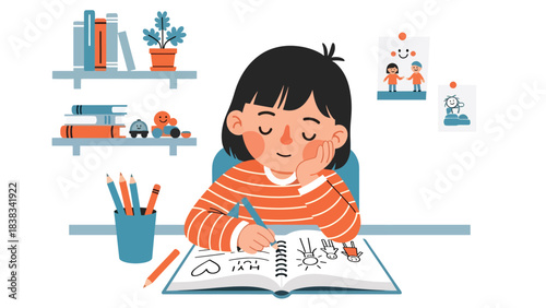 Modern flat vector illustration of a child writing happy thoughts in a gratitude journal as part of emotional growth and positive mindset