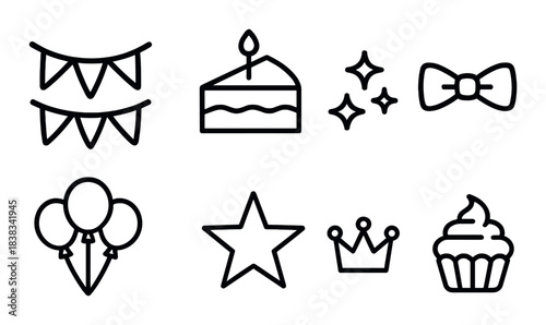 Simple party icons: cake, balloons, star, cupcake, crown, bow