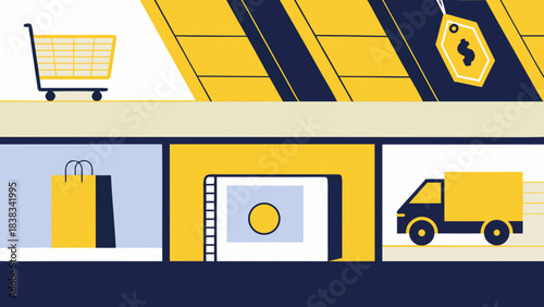 Digital Commerce Cycle: A graphic depicts the seamless progression from the shopping cart and price tag to online transactions to the delivery van, symbolizing the efficiency of modern e-commerce.