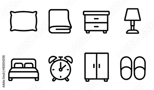 Minimalist bedroom icon set: bed, pillow, lamp, alarm clock, wardrobe, slippers