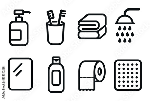 Bathroom icons set: soap dispenser, toothbrushes, towels, shower, mirror, shampoo, toilet paper, drain
