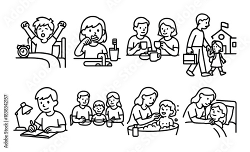 Daily routine of young caucasian family: from morning wake-up to evening bedtime