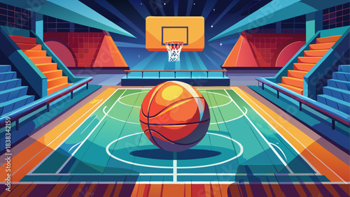 A basketball court with a basketball ball