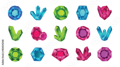 Sparkling Gems in a Jeweled Array: A dazzling collection of precious stones and crystals, each facet reflecting light. This image shows the brilliant variety of gemstones.