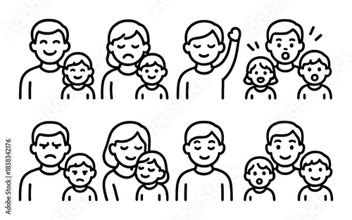 Illustrated expressions of caucasian family: happy, sad, surprised, and loving moments