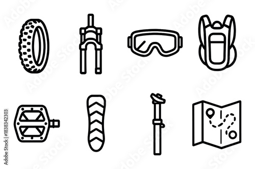 Mountain biking gear icons: helmet, goggles, tire, pedal, map