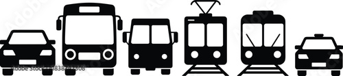 Transportation silhouette icons of car, bus, minibus, tram, train, taxi, black and white vehicle symbols, public transit pictogram set