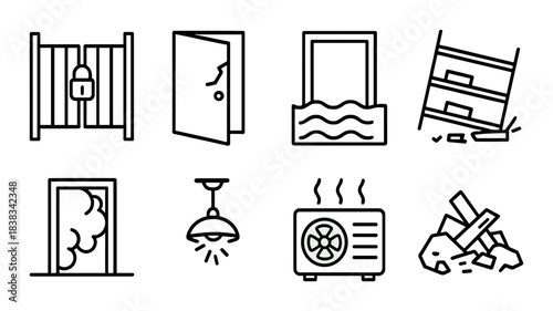 Disaster icons: earthquake, fire, flood, landslide, security, broken door, water damage