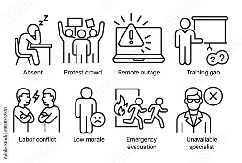 Workplace challenges: protest, emergency, and training issues depicted through icons