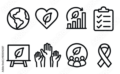 Black eco-themed icons on wood: earth, heart, growth, checklist, canvas, hands, community, awareness