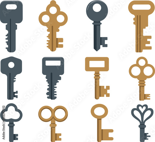Vintage key set, house keys, old fashioned keys, metal key illustration, locksmith icons, antique keys, security key collection