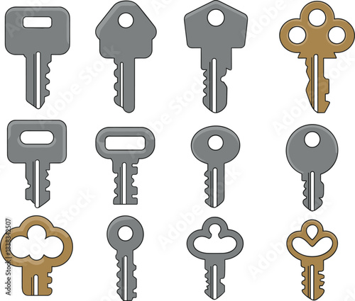 Vintage key set, house keys, old fashioned keys, metal key illustration, locksmith icons, antique keys, security key collection