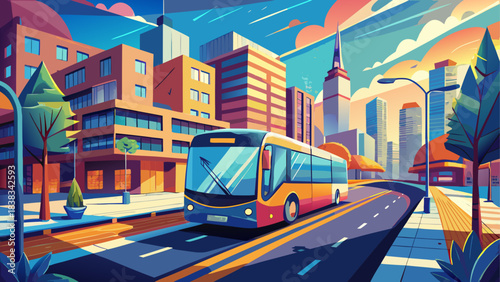 A bus travels through a vibrant city