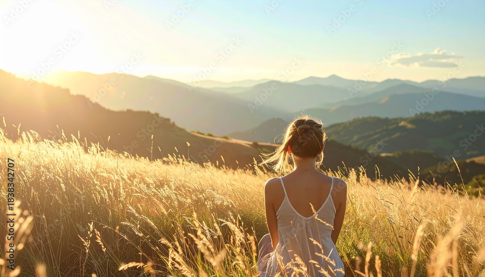 Fototapeta premium Young Woman in Golden Field at Sunset for Peaceful Nature Mood