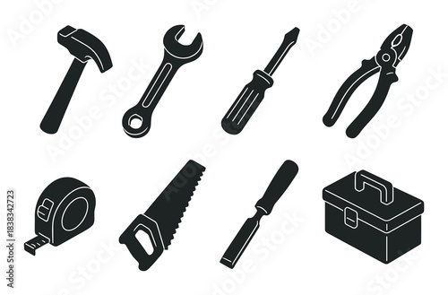 Set of hand tools: hammer, wrench, screwdriver, pliers, tape measure, saw, chisel, toolbox