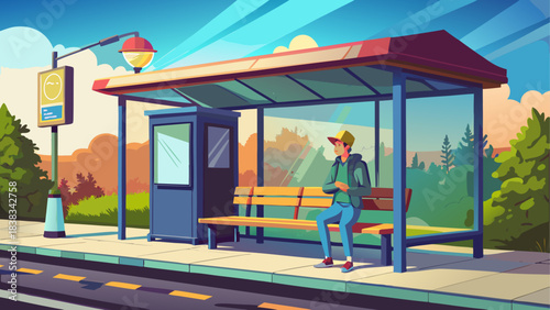 Man waiting at a bus stop in the daytime