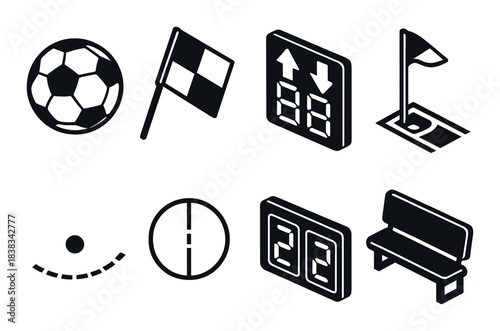 Monochrome sports icons set featuring soccer, racing, golf, and scoreboard graphics