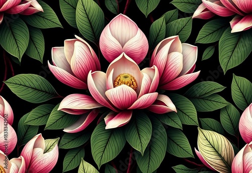 Intricate magnolia blossom pattern, repeating design featuring delicate petals and leaves, magnolia, texture